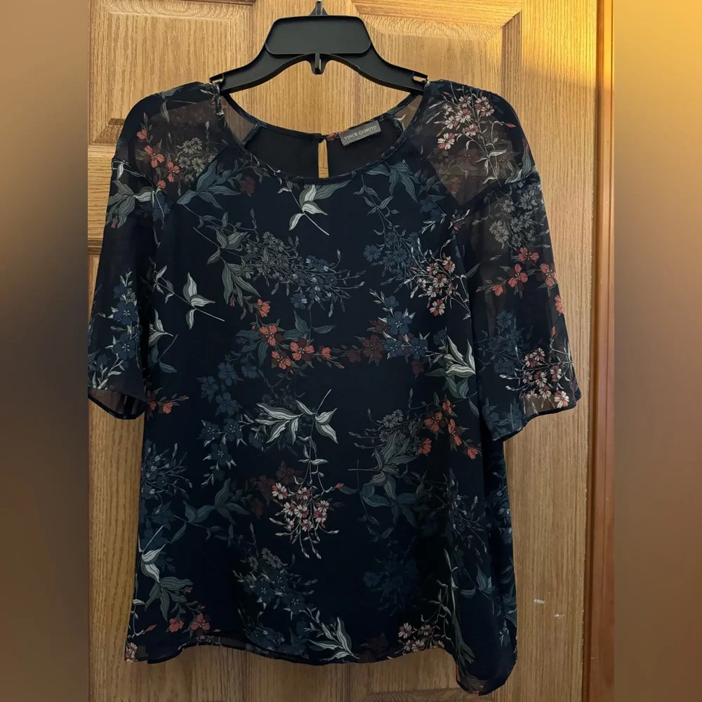 Vince Camuto Navy Floral Blouse with Flutter Sleeves